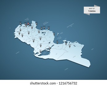 Isometric 3D Tunisia map,  vector illustration with cities, borders, capital, administrative divisions and pointer marks; gradient blue background.  Concept for infographic. svg