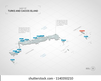 Isometric  3D Turks and Caicos Islands map. Stylized vector map illustration with cities, borders, capital Cockburn Town , administrative divisions and pointer marks; gradient background with grid. 