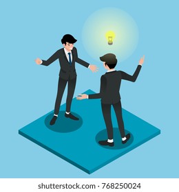 Isometric 3d of two businessman consulting each other in the project to improve their  work. Illustration flat vector design. 
