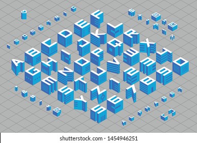 Isometric 3d type font set. Alphabet, numbers and symbols. Vector illustration