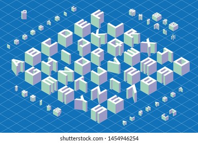 Isometric 3d type font set. Alphabet, numbers and symbols. Vector illustration