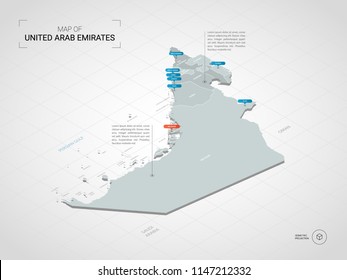 Isometric  3D United Arab Emirates (UAE) map. Stylized vector map illustration with cities, borders, capital Abu Dhabi , administrative divisions and pointer marks; gradient background with grid. 

