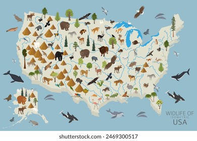 Isometric 3d of USA wildlife. Animals, birds and plants constructor elements isolated on white set. Build your own geography infographics collection. Vector illustration