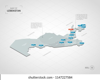 Isometric  3D Uzbekistan map. Stylized vector map illustration with cities, borders, capital Tashkent , administrative divisions and pointer marks; gradient background with grid. 
