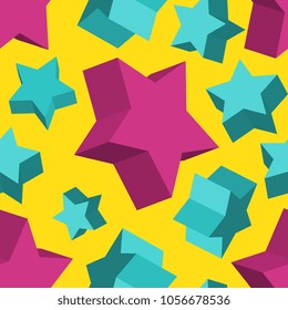 Isometric 3d Vector Background with Stars. Futuristic Geometric Seamless Pattern. Optical Illusion of Volume