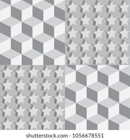 Isometric 3d Vector Background with Stars. Futuristic Geometric Seamless Pattern. Optical Illusion of Volume