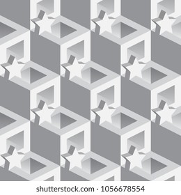 Isometric 3d Vector Background with Stars. Futuristic Geometric Seamless Pattern. Optical Illusion of Volume