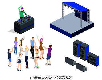 Isometric 3D vector collection of objects for the creation of a night club. DJ party on stage behind the remote control. Dancing people and Scene, DJ remote and speakers