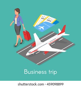 Isometric 3d vector concept of business trip. Business woman with travel case.