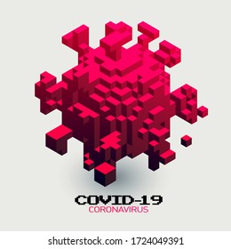 Isometric 3D vector coronavirus cell illustration. Covid19 stylised virus cell icon design. Danger symbol made in minecradt cubic style.