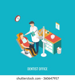 Isometric 3d Vector Dentist Office During Reception Patient.