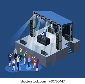 Isometric 3D Vector DJ Party On Stage Behind The Remote Control