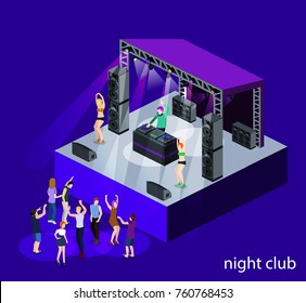 Isometric 3D vector DJ party on stage behind the remote control. Dancing people and night club