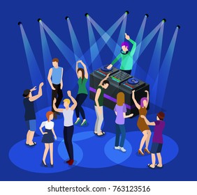 Isometric 3D vector DJ party on stage behind the remote control. Dancing people and night club