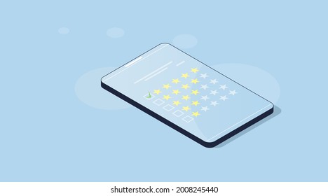 Isometric 3d vector evaluation form illustration. Smartphone screen with rating checklist on blue background. Isometry online feedback