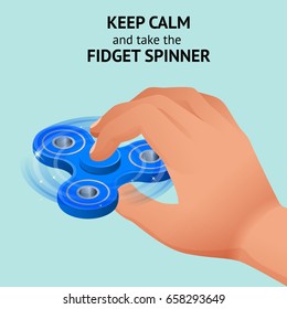 Isometric 3d vector hand with a fidget spinner  or hand spinner. Fidget toy for increased focus, stress relief. 