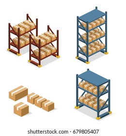 Isometric 3D vector illuctration concept warehouse shelves with boxes. Set of object