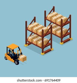 Isometric 3D vector illuctration forklift truck transportation. Warehouse shelves with boxes. Set of object