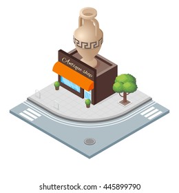 Isometric 3d vector illustration of antique shop.