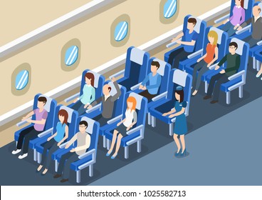 Isomtric 3D vectorial tablero de ilustración de la aeronave desde el interior con pasajeros y azafatas