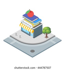 Isometric 3d vector illustration of book shop. Bookstore which sells good books. City landscape.