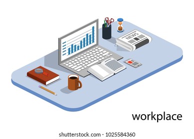 Isometric 3D vector illustration books, notebook, newspaper and phone