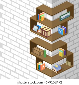 Isometric 3D vector illustration Bookshelf with piles of books. Design interior design for the arrangement of books