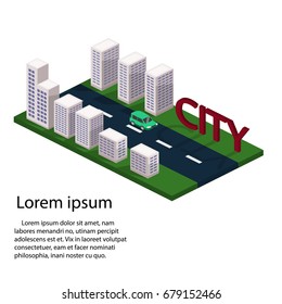 Isometric 3D vector illustration buildings on the map with the road. Transport on the city road