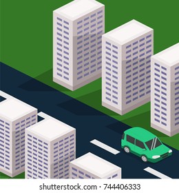 Isometric 3D vector illustration buildings, car on the map with the road.