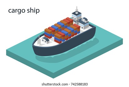 Isometric 3D vector illustration cargo ship on the water. Shipping boxes and containers on the ship.