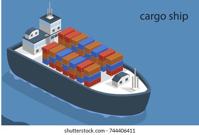 Isometric 3D vector illustration cargo ship on the water. Shipping boxes and containers on the ship.