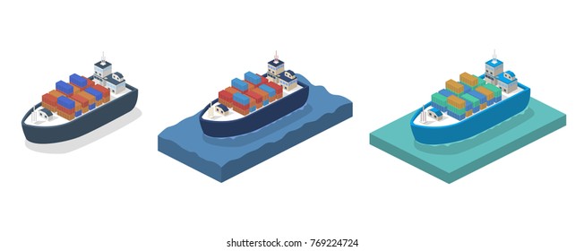 Ilustración vectorial isométrica 3D Un buque de carga entrega contenedores pesados de mercancías