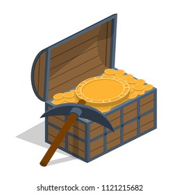 Isometric 3D vector illustration chest with gold and pickax. Treasure hoard.