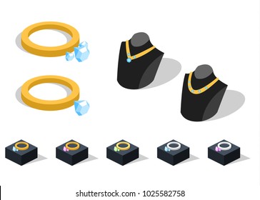 Isometric 3D vector illustration a collection of jewelry and jewelry. Gold Rings and Necklaces