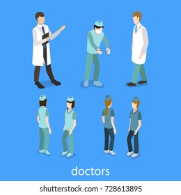 Isometric 3D vector illustration collection of medical personnel. Doctor, Surgeon and Nurse