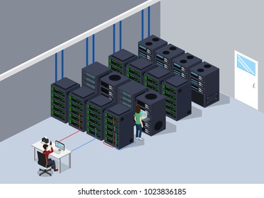 Isometric 3D vector illustration concept server room data center