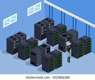 Isometric 3D vector illustration concept server room data center