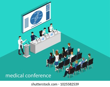 Isometric 3D vector illustration concept report at a medical conference with students