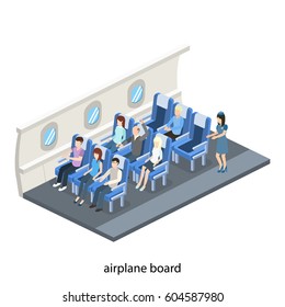 Isometric 3D Vector Illustration Concept Interior Inside The Plane With Passengers And Stewardess