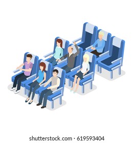 Isometric 3D vector illustration concept armchairs with passengers or people