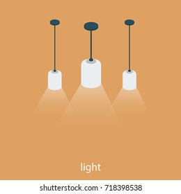 Isometric 3D vector illustration concept of bright fixtures. White light. Three hanging lamps.