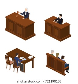 Isometric 3D vector illustration concept the judge conducts the trial. The lawyer protects the defendant. Hall of jury endure verdict