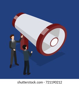 Isometric 3D vector illustration concept megaphone symbol. Business concept promotion of the project. Businessmen carry out agitation. Loudspeaker with red design.