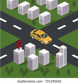 Isometric 3D vector illustration concept city transport working on geolocation. The taxi service goes to a pin on the map.