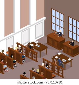 Isometric 3D vector illustration concept the judge conducts the trial. The lawyer protects the defendant.