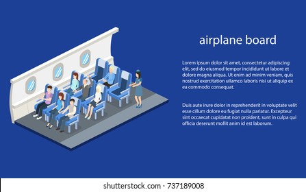 Isometric 3D vector illustration concept interior inside the plane with passengers and stewardess
