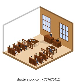 Isometric 3D vector illustration concept the judge conducts the trial. The lawyer protects the defendant. Hall of jury endure verdict. Set of object