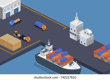 Isometric 3D vector illustration concept Warehouse with loading machines for shipment to the cargo ship.