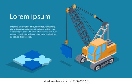 Isometric 3D vector illustration concept building lifting crane with puzzles