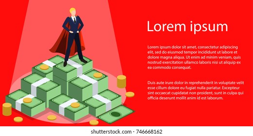 Isometric 3D vector illustration concept businessman stands on a pile of money